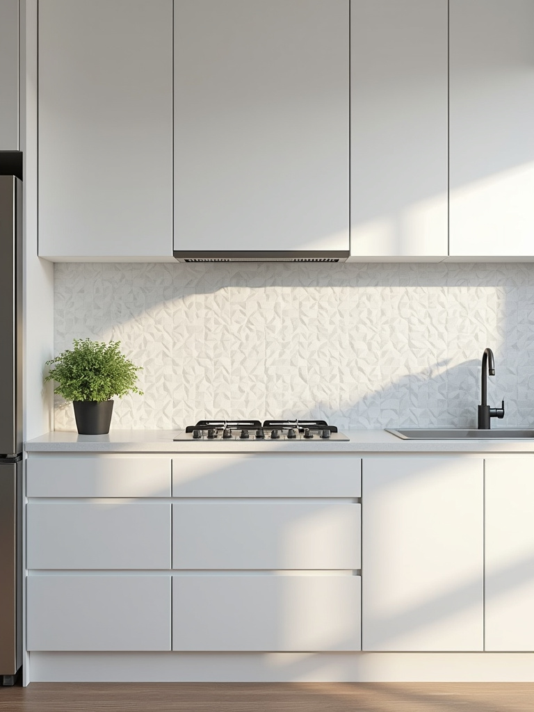 Modern kitchen with textured 3D geometric tile backsplash in light gray.