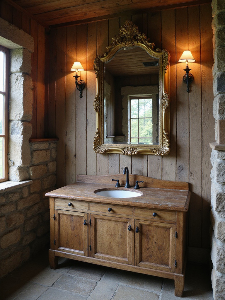 Rustic bathroom featuring a vintage mirror above a reclaimed wood vanity.