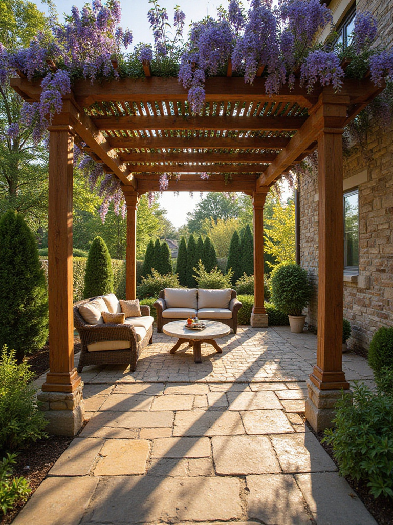 Cedar pergola with wisteria on stone patio, creating an inviting outdoor living space.