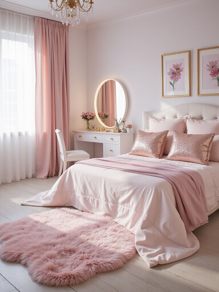 Teen girl's bedroom with pink velvet bedding, gold accents, and a glamorous vanity area.