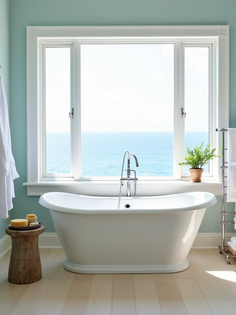 Freestanding tub in a dreamy coastal bathroom with ocean view.