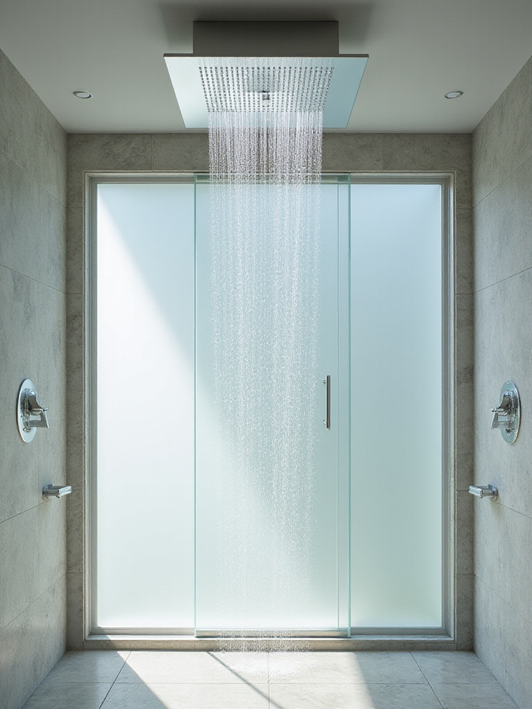 Modern bathroom with rainfall showerhead and frameless glass enclosure.