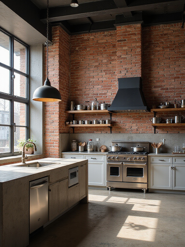 Industrial kitchen with exposed brick, stainless steel appliances, and reclaimed wood shelving