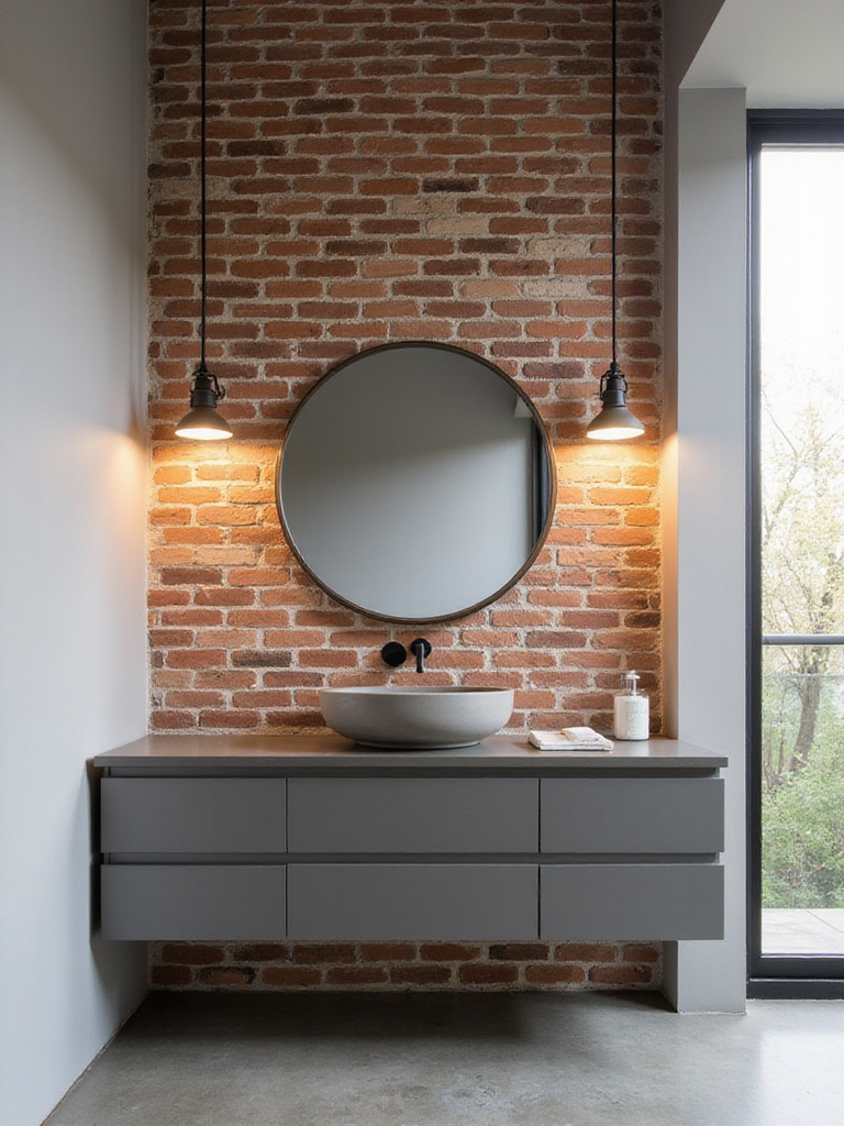 Modern bathroom design featuring exposed brick wall, sleek vanity, and industrial lighting.