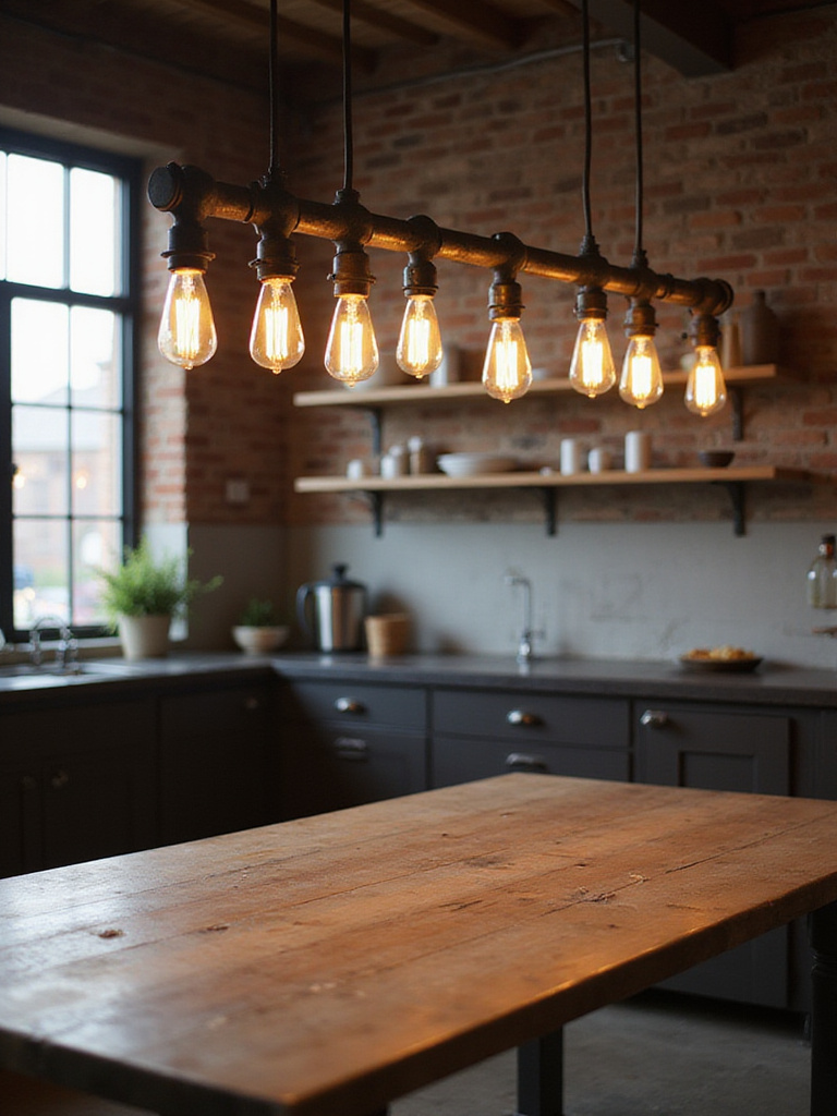 Industrial style pendant lighting over a wooden dining table in a modern kitchen.