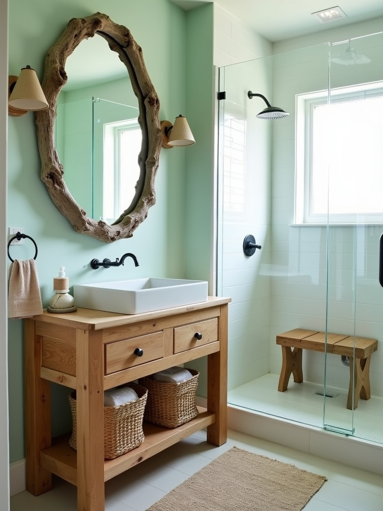 Coastal bathroom design featuring natural wood vanity and rattan storage baskets