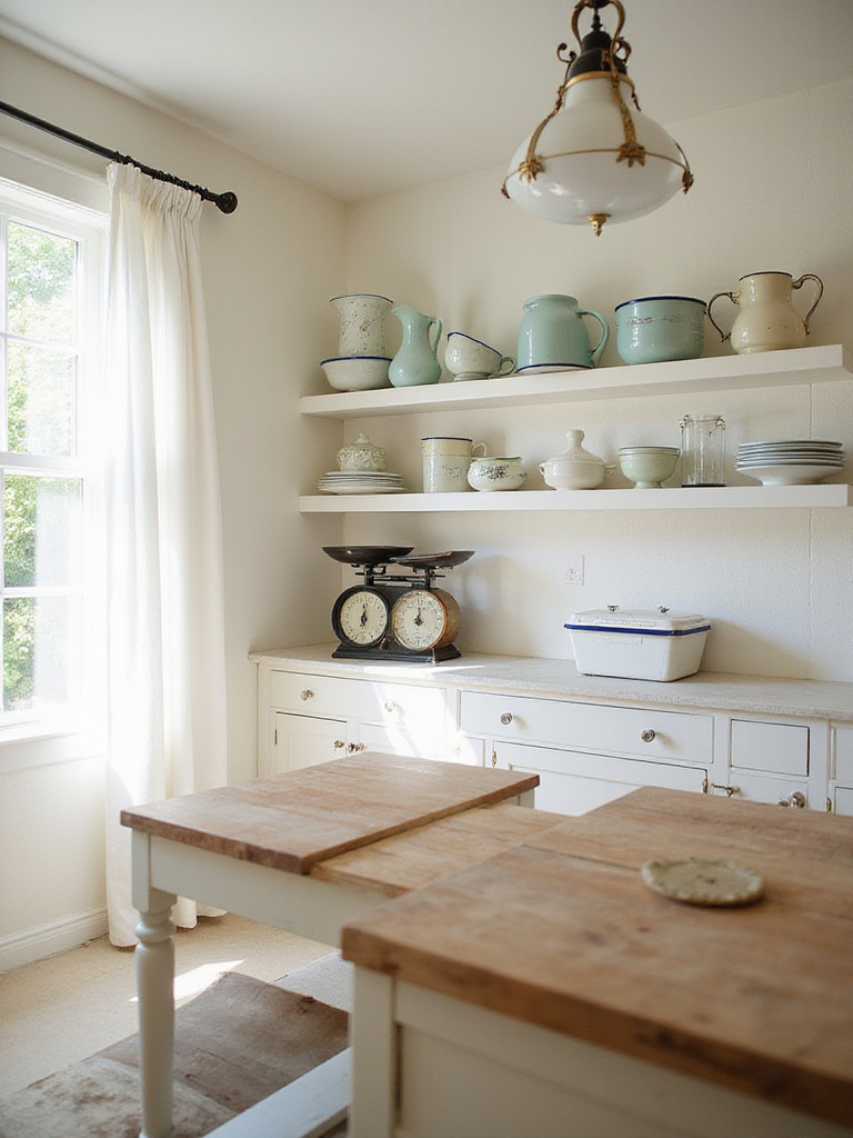 Farmhouse kitchen with vintage decor accents like enamelware and antique scales on open shelving