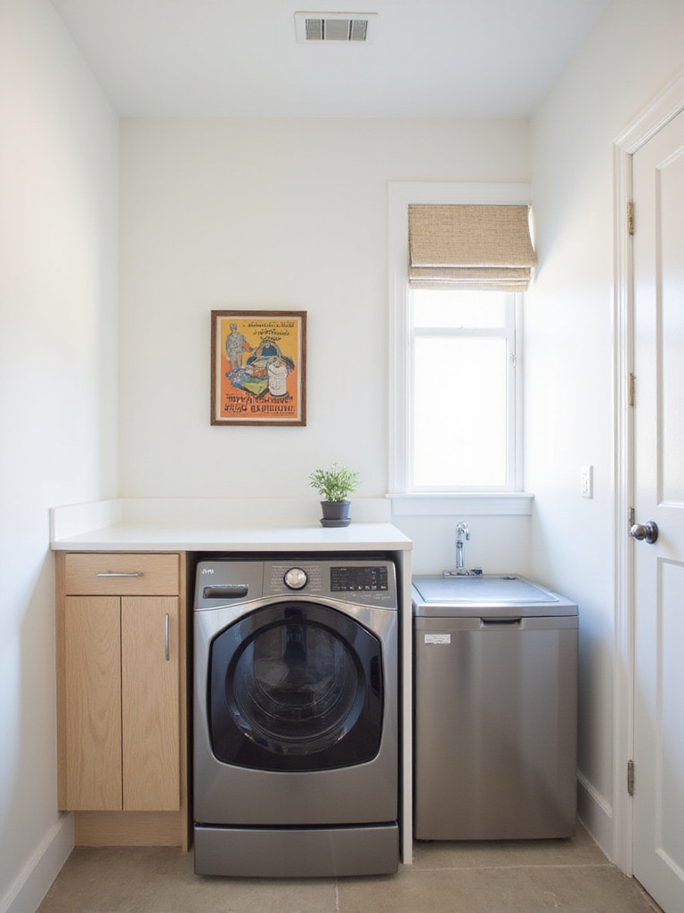 Modern laundry room with framed vintage laundry advertisement above washer and dryer.
