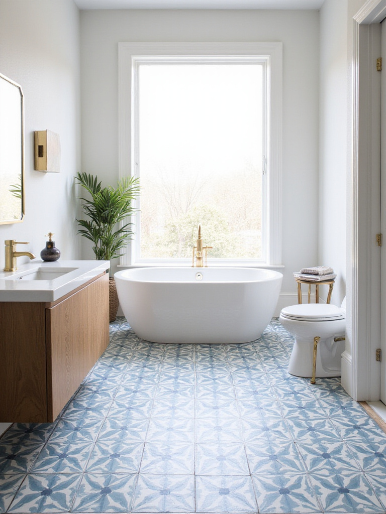 Bathroom with blue and white patterned floor tiles, white bathtub, and wood vanity.