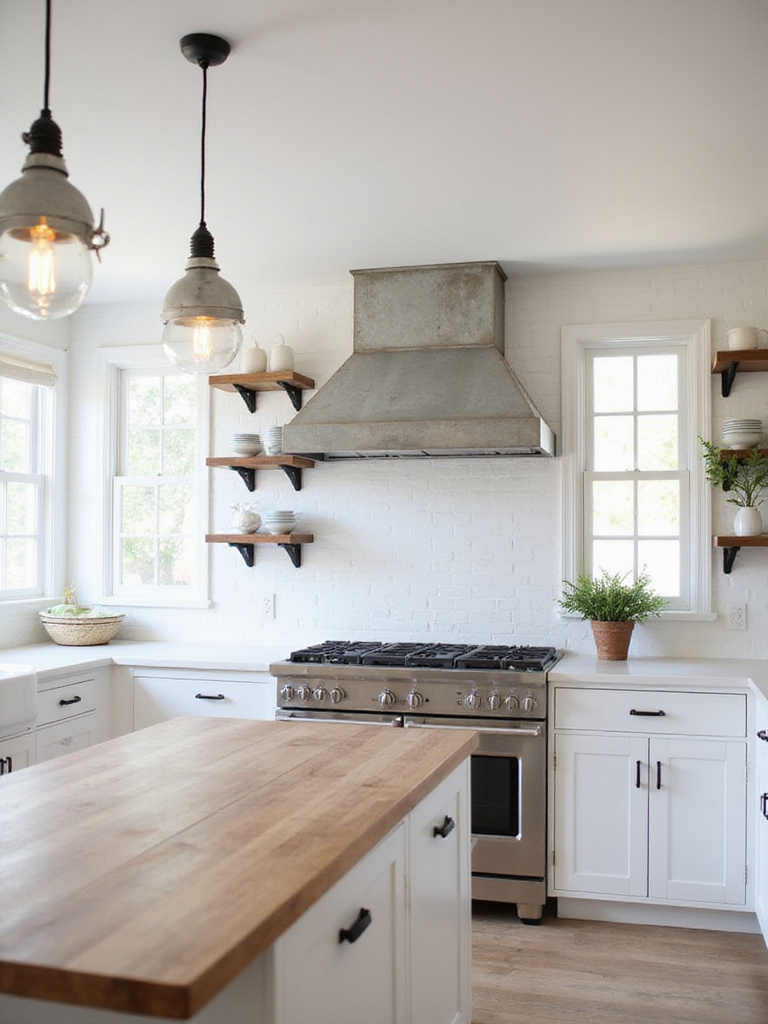 Farmhouse kitchen with white cabinets and galvanized metal pendant lights and range hood.