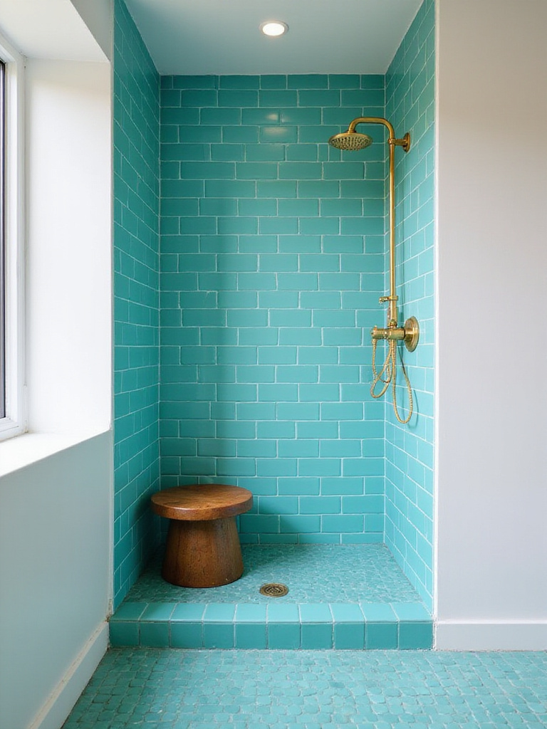 Bathroom shower with vibrant teal subway tiles and gold fixtures