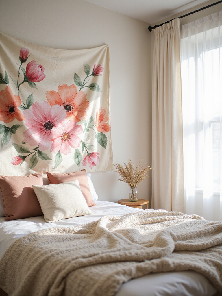 Teen girl's bedroom with a floral tapestry as a headboard.