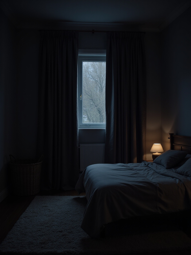 Dark and cozy bedroom with thick blackout curtains completely blocking outside light, creating a peaceful sleep environment.