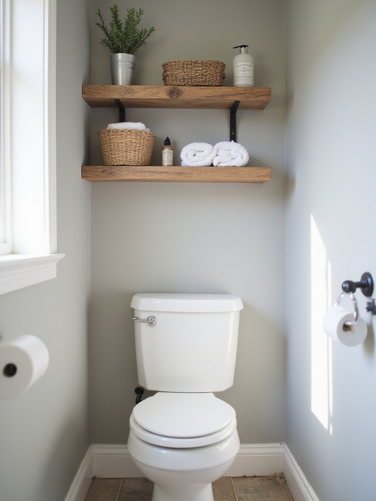 Rustic bathroom with open shelving showcasing towels, baskets, and plants.