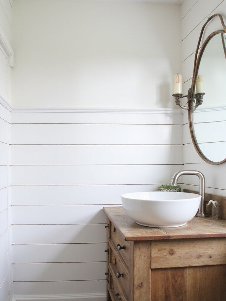 Farmhouse bathroom with white subway tile and rustic wood vanity