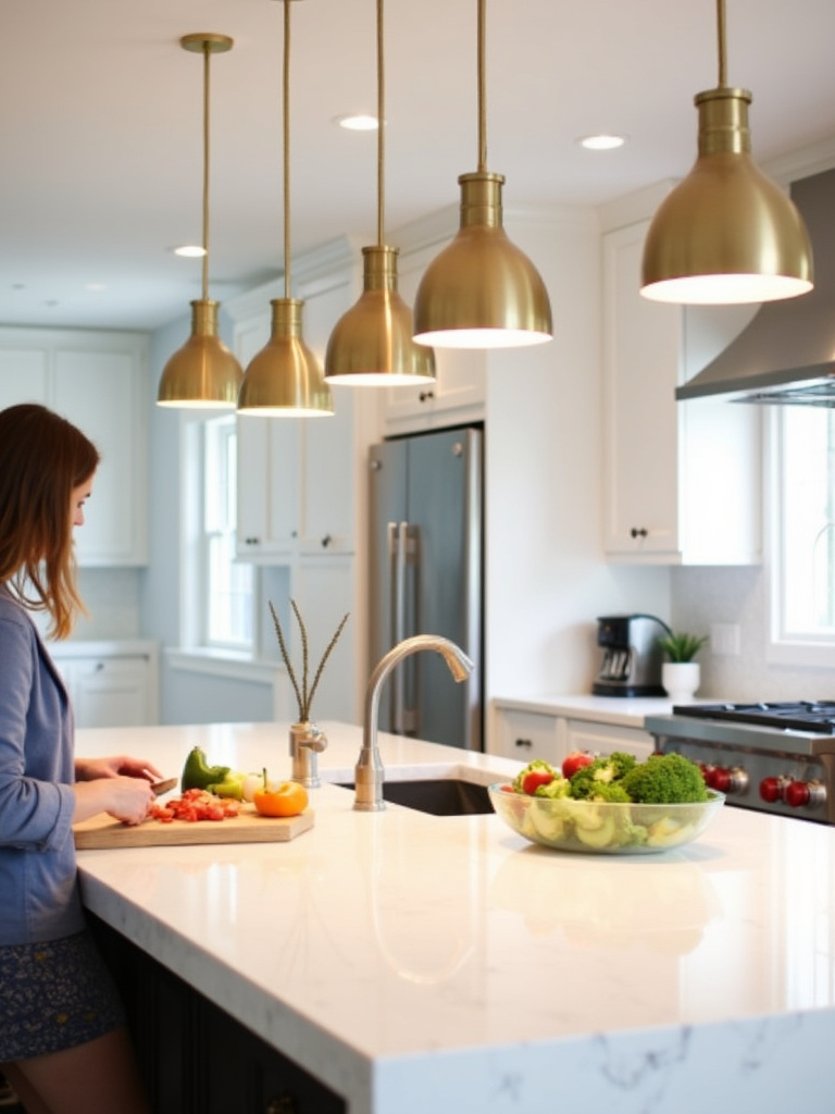 Kitchen island with pendant lighting and recessed lighting providing ample task lighting for food preparation.