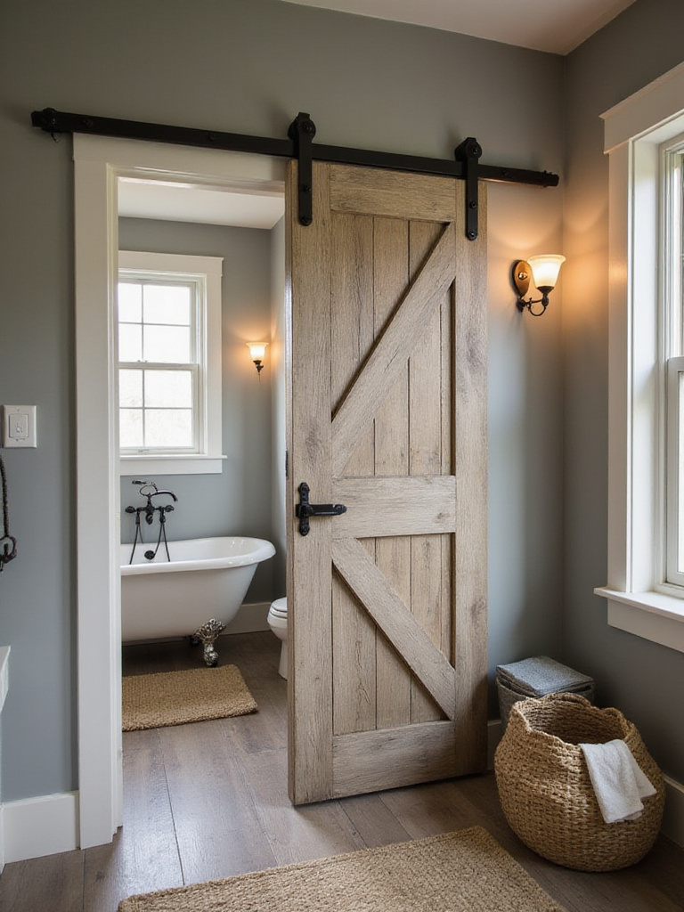 Rustic bathroom remodel featuring a distressed wood barn door on a black iron track, providing privacy and a statement piece.