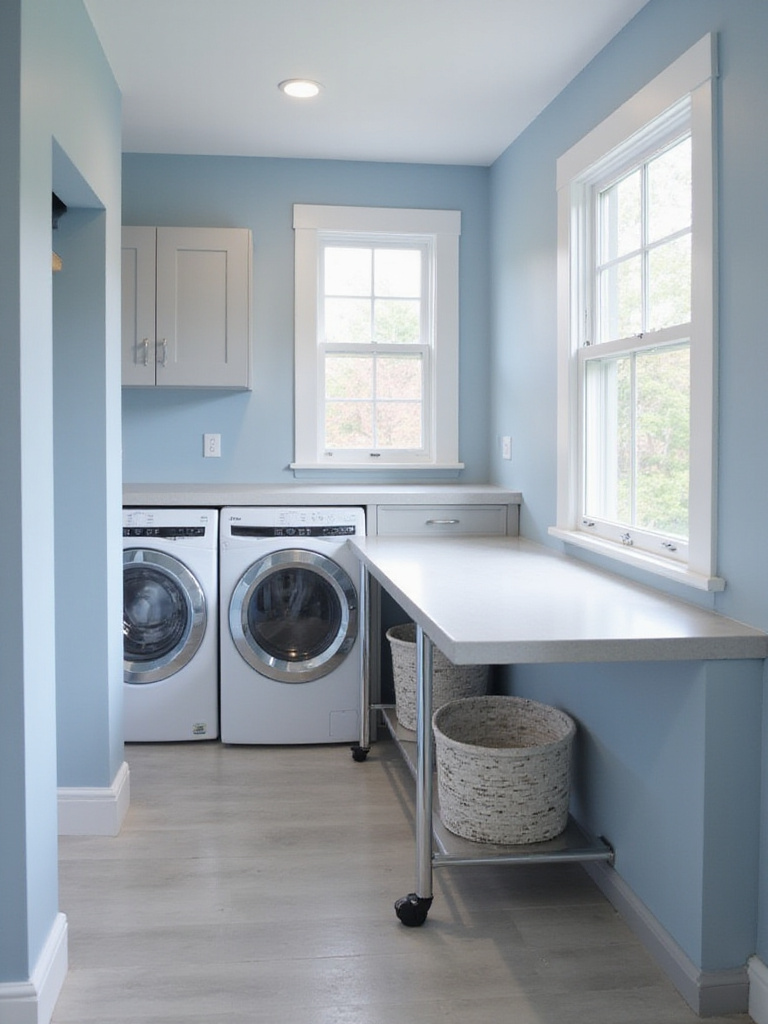 Laundry room with countertop over washer and dryer for folding and sorting.