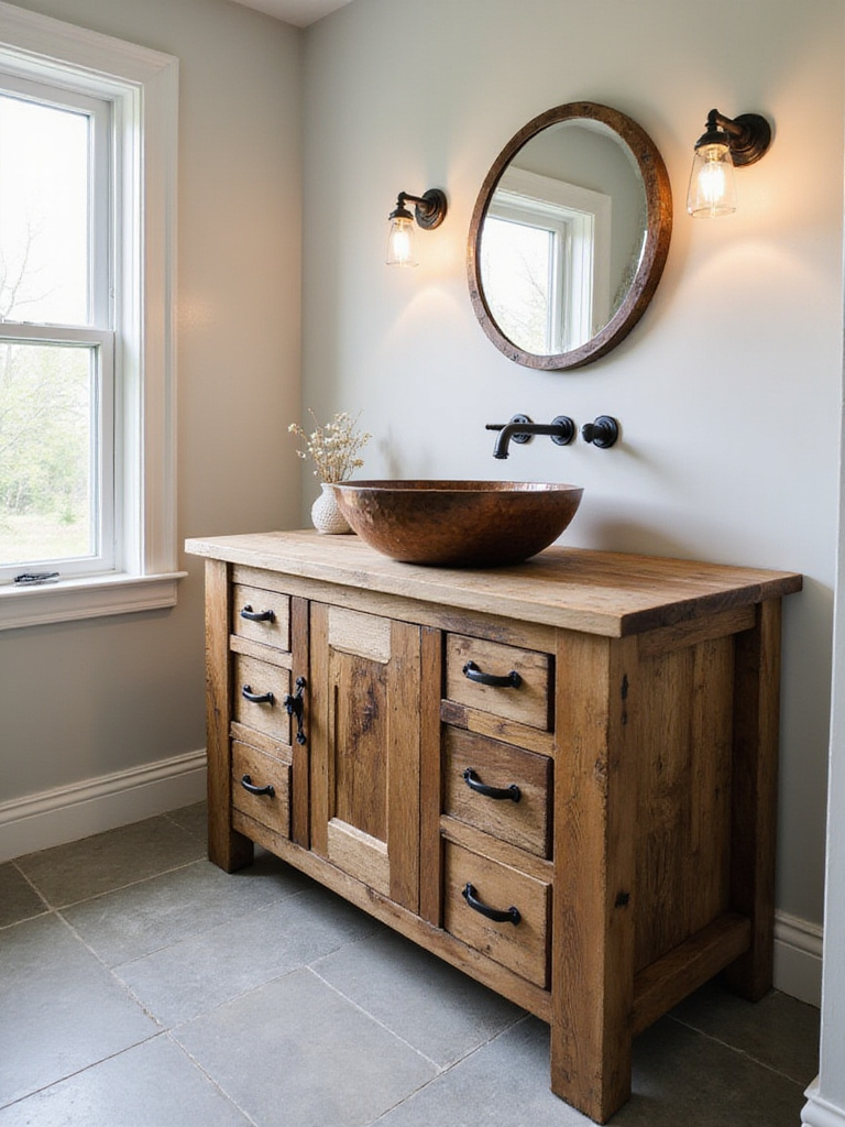 Rustic wood vanity with copper vessel sink in farmhouse bathroom