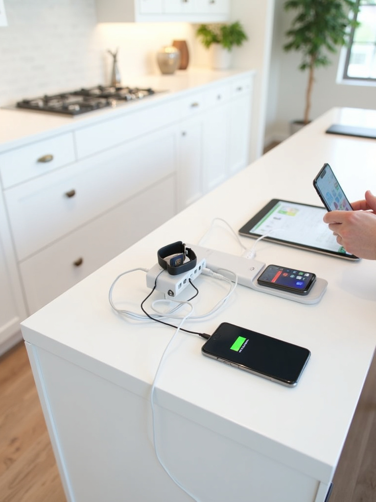 Kitchen island with integrated charging station featuring USB ports, AC outlets, and charging devices.