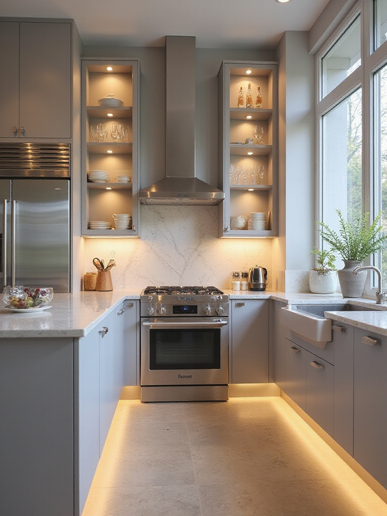 Contemporary kitchen with integrated LED lighting in cabinets, under cabinets, and toe-kicks.
