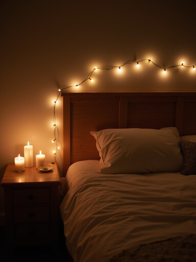 Cozy bedroom with fairy lights on headboard and candles on bedside table.