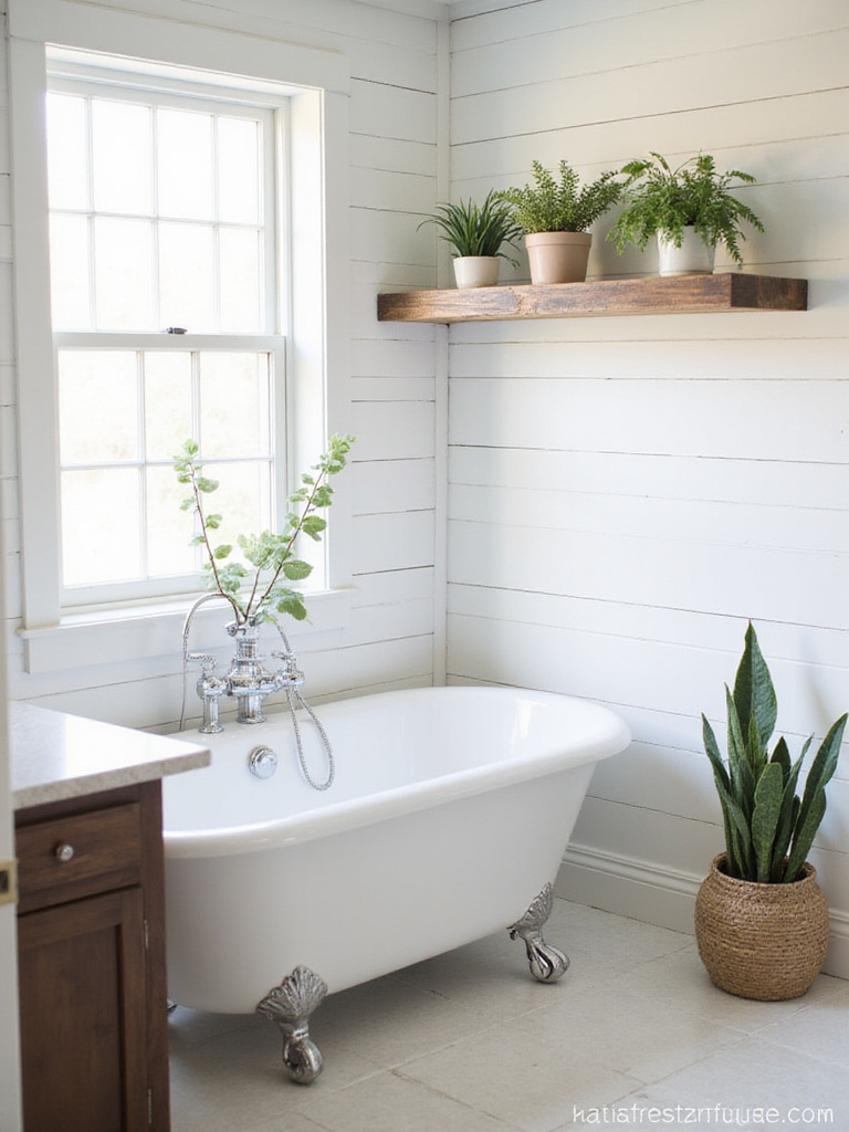 Farmhouse bathroom with white shiplap walls and potted plants on a wooden shelf above a clawfoot tub.
