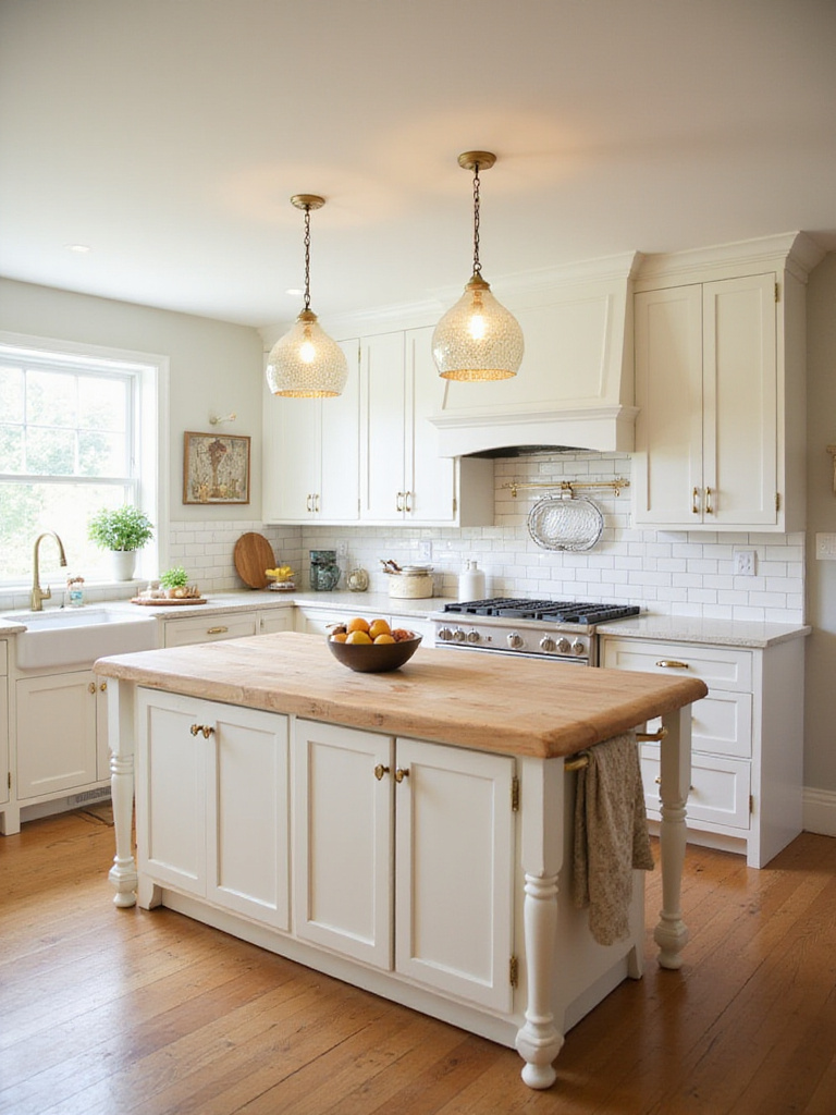Farmhouse kitchen with warm butcher block countertop on kitchen island