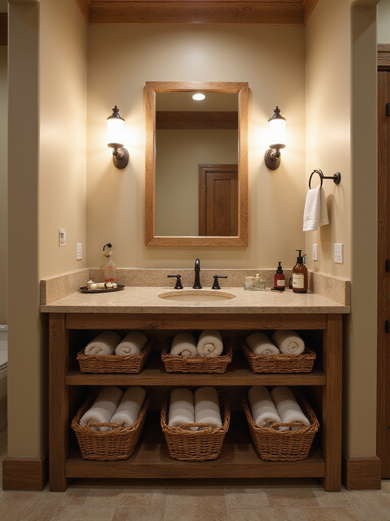 Rustic bathroom vanity with woven baskets storing towels and toiletries.