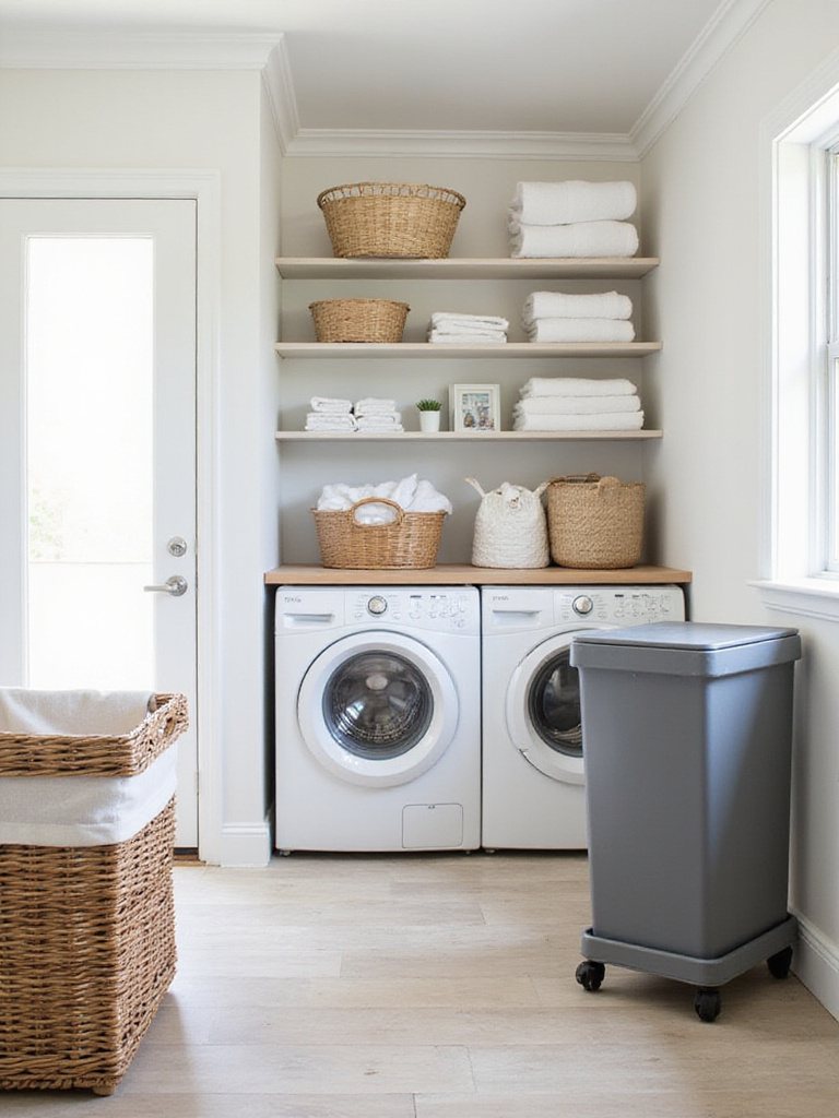 Stylish and functional laundry baskets in a modern farmhouse laundry room.