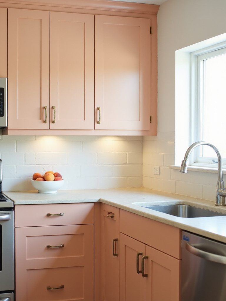 Kitchen with soft peach cabinets and natural stone countertop