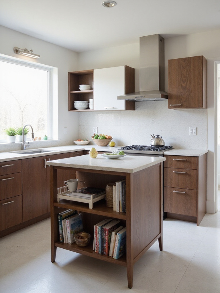 Small kitchen with a space-saving island featuring built-in storage.