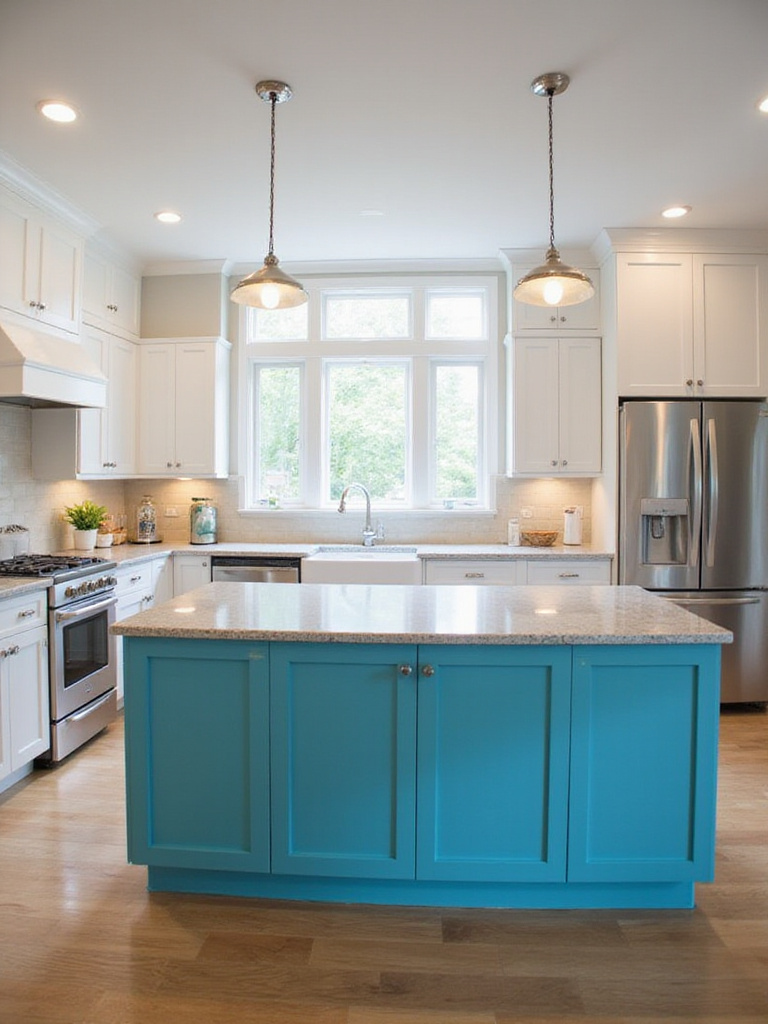 Teal blue kitchen island cabinet in a modern white kitchen.
