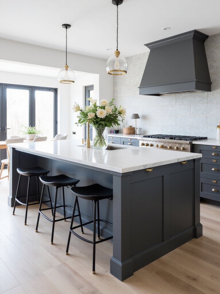 Modern kitchen island with dark grey cabinets, white quartz countertop, and black bar stools