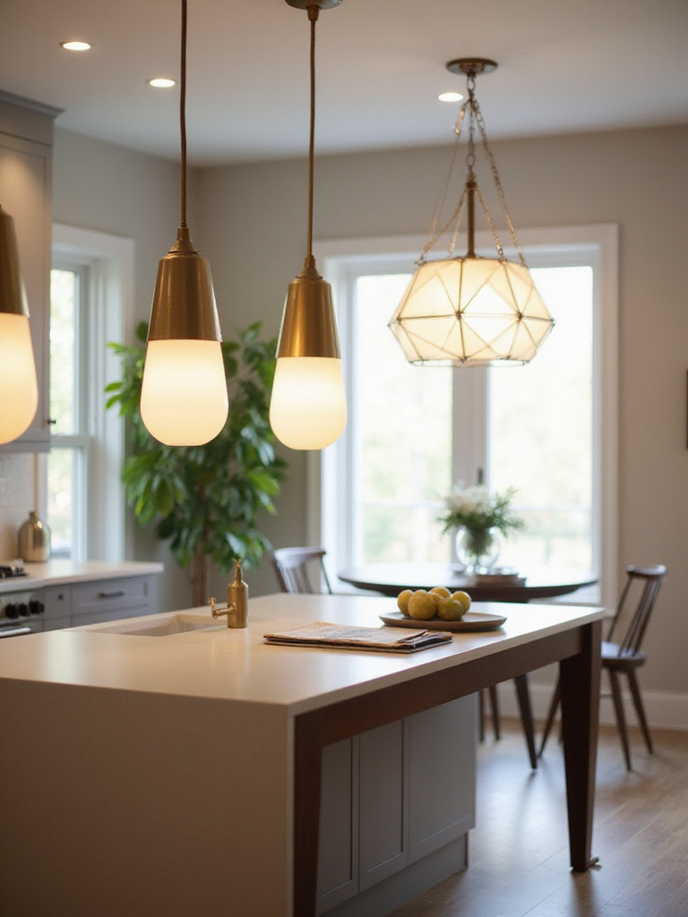 Kitchen island pendants and dining table pendant lights with coordinating brass and frosted glass design.