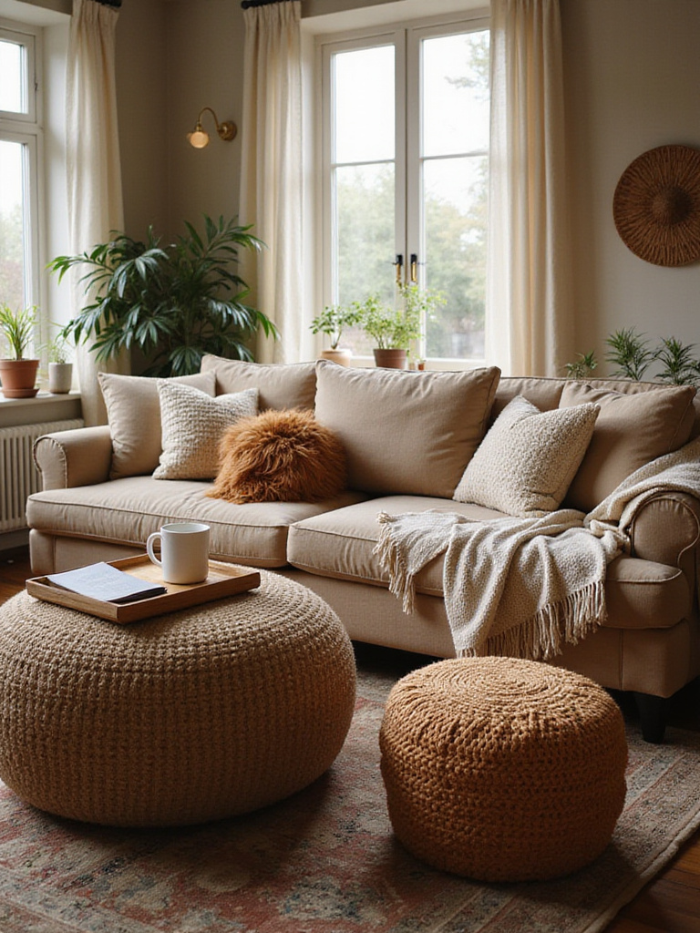 Cozy living room with a neutral sofa, woven ottoman as a coffee table, and a knitted pouf for extra seating.