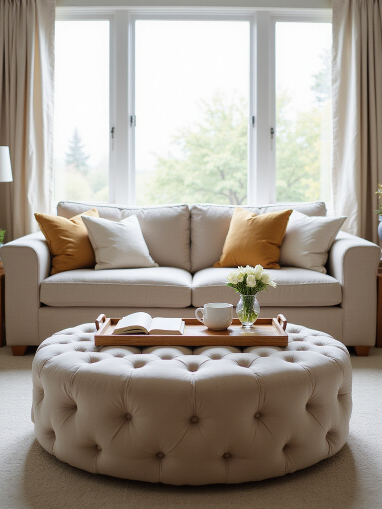 Cozy living room with plush velvet ottoman used as a coffee table.