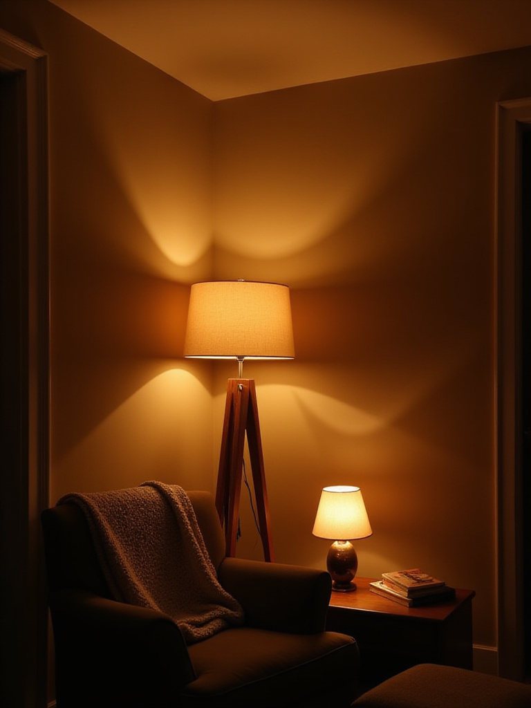 Cozy living room with warm lighting from floor and table lamps