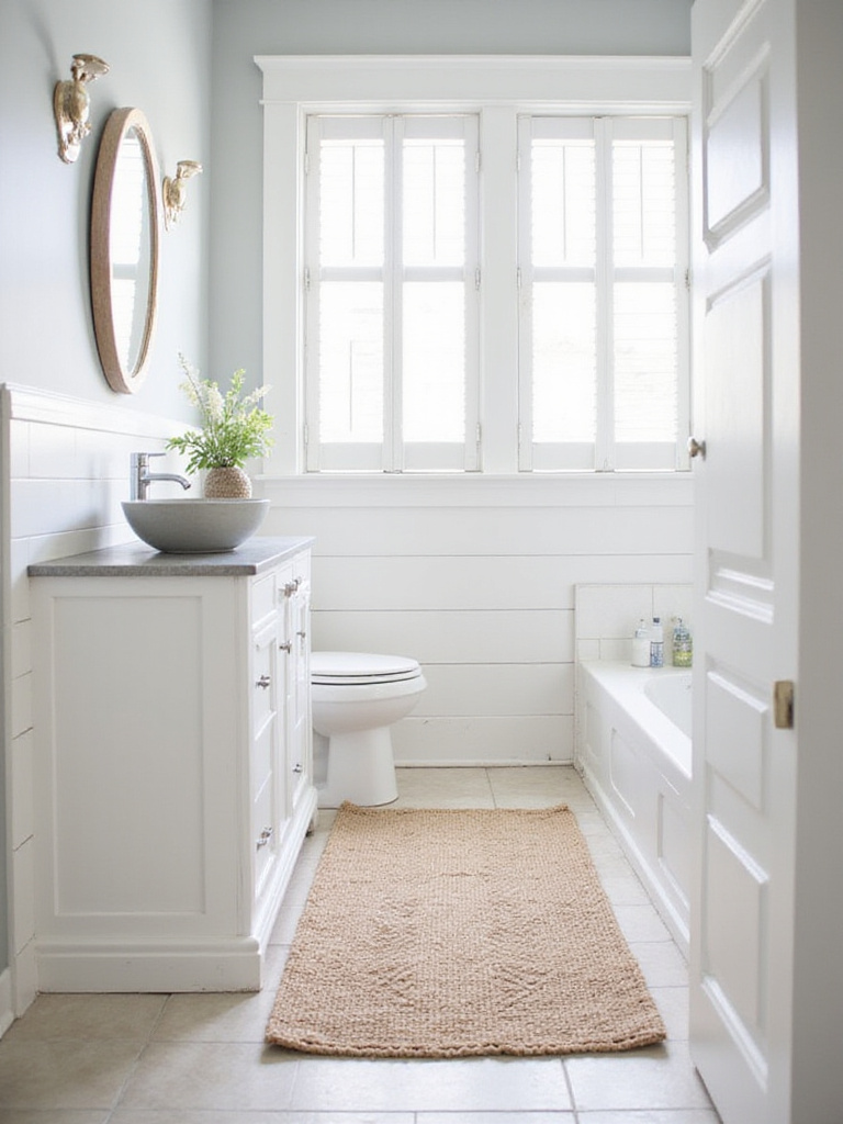 Farmhouse bathroom with jute rug in front of vanity