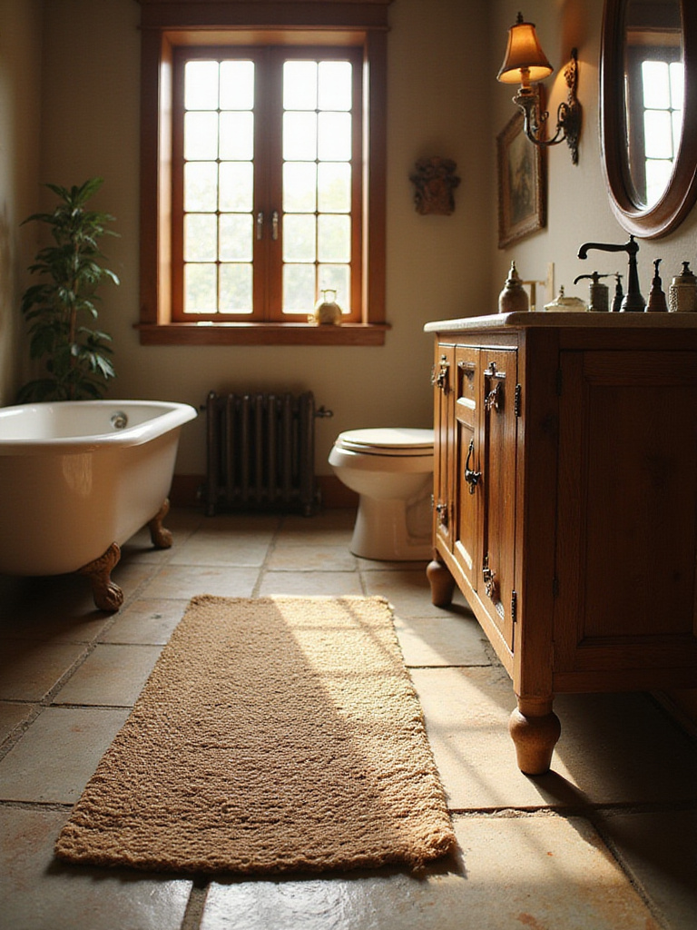 Rustic bathroom with jute rug in front of vanity