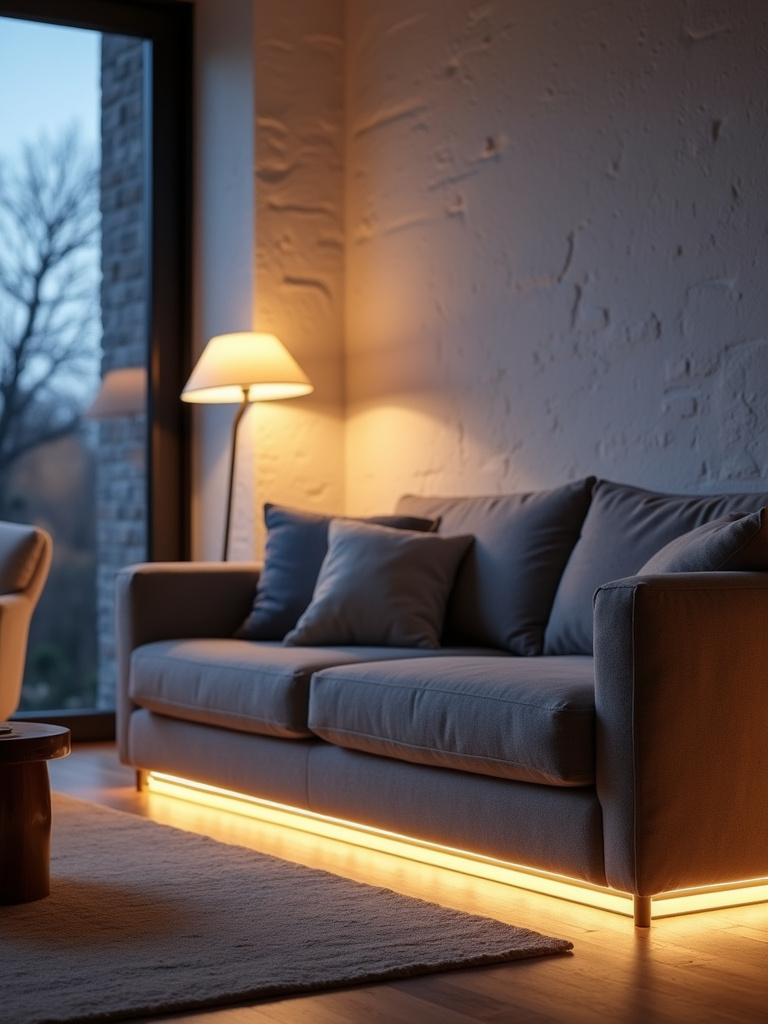 Living room with layered lighting behind furniture, creating a cozy and inviting atmosphere