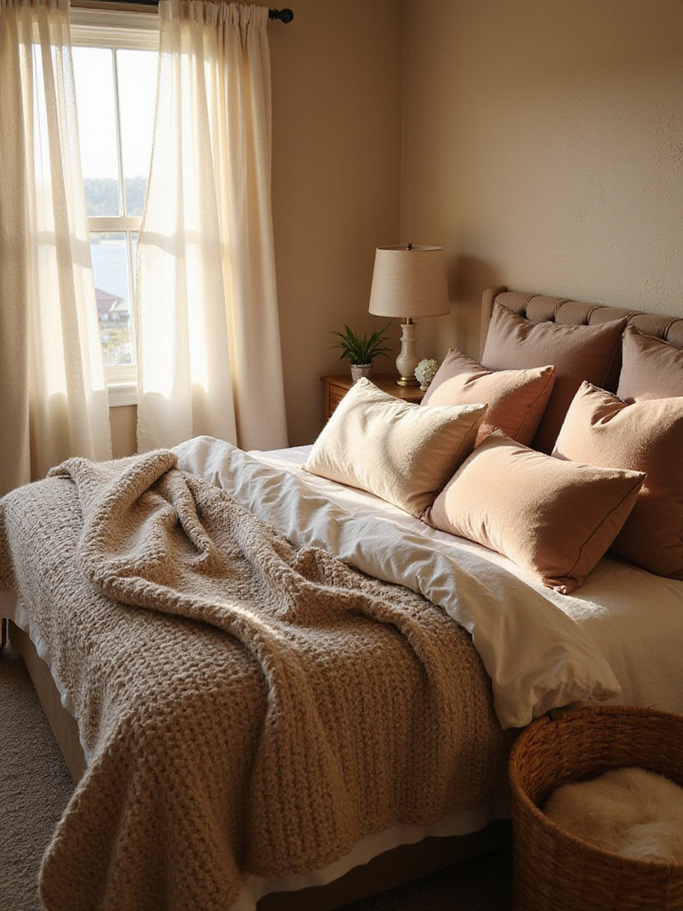 Cozy bedroom with layered textures, including knit blanket, linen bedding, velvet pillows, and faux fur throw.