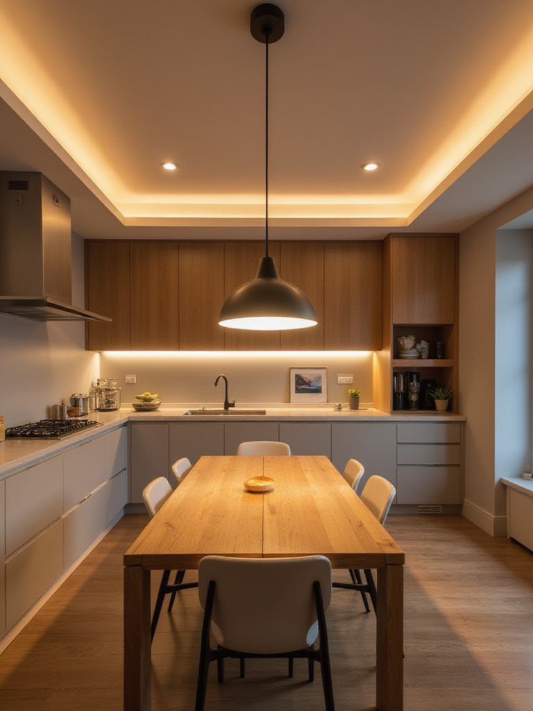 Modern kitchen with layered lighting: pendant light over table, recessed lighting, under-cabinet lighting, and accent spotlight.