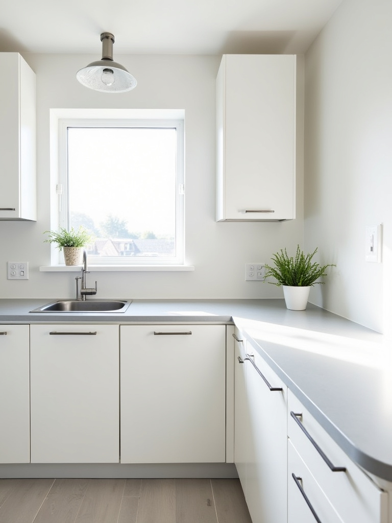 Minimalist small kitchen design with white cabinets and light gray countertops
