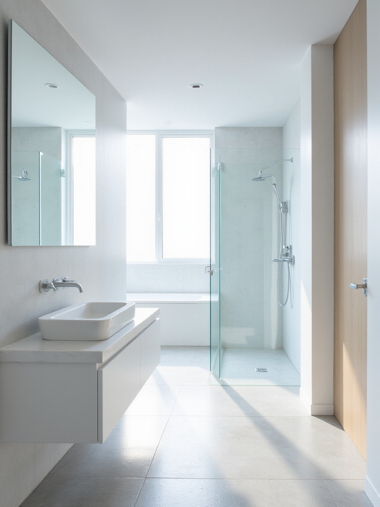Minimalist modern bathroom with floating vanity and frameless shower.