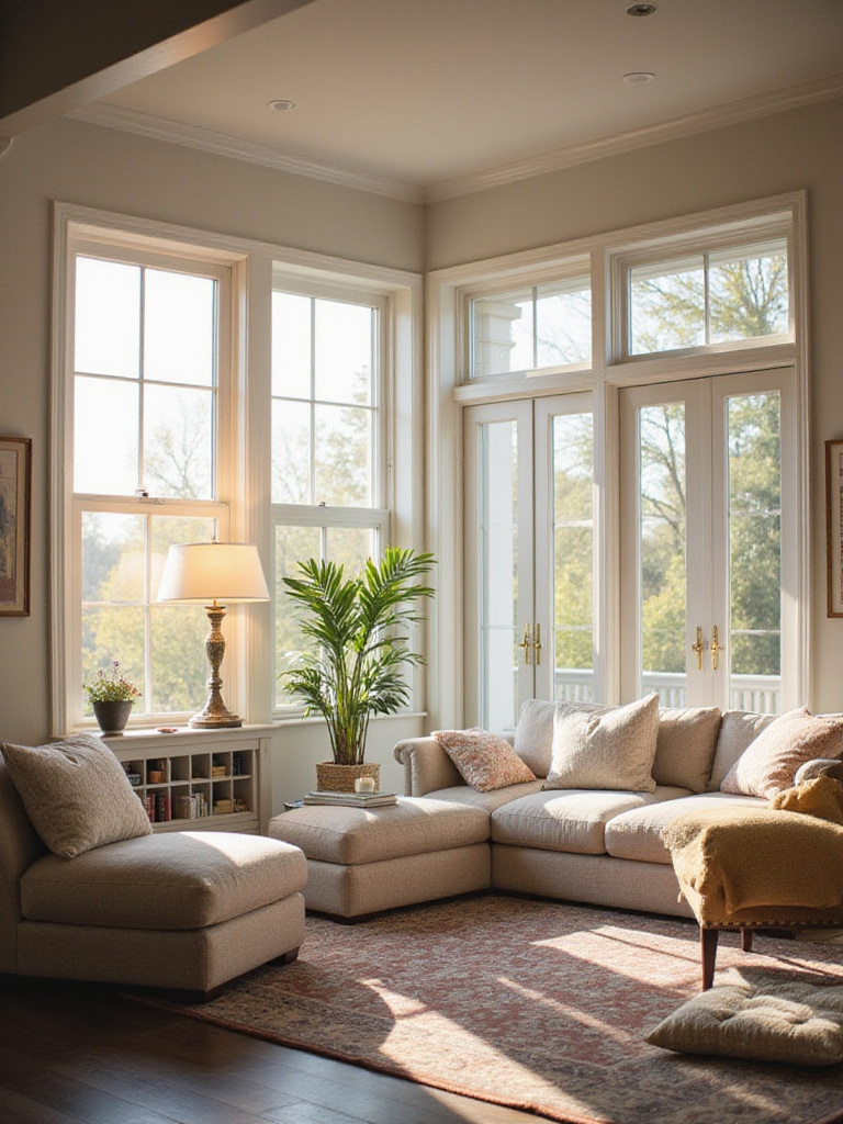 Living room with optimized natural and artificial lighting for a warm and inviting ambiance.