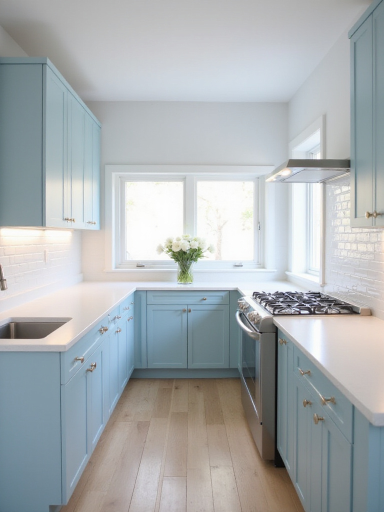 Small kitchen with light blue cabinets and white countertops, maximizing light and space.