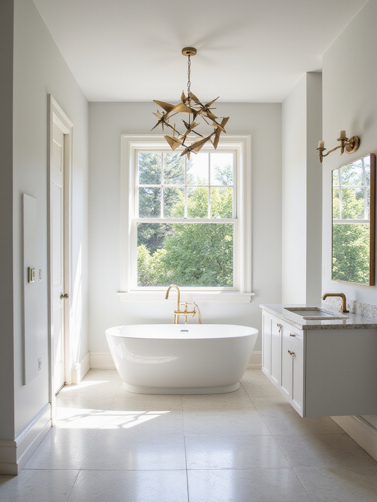 Modern bathroom with a sculptural brushed brass chandelier and integrated LED mirror lighting.