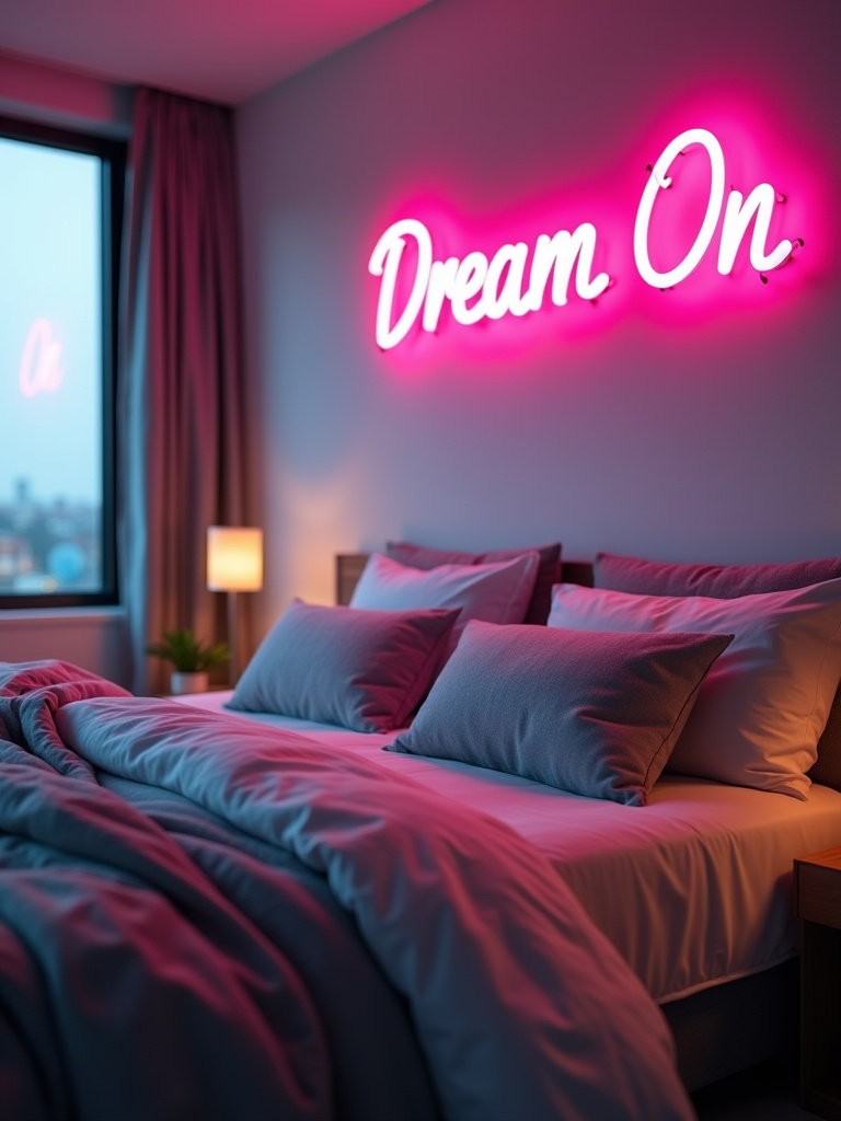 Trendy bedroom with ‘Dream On’ neon sign above bed