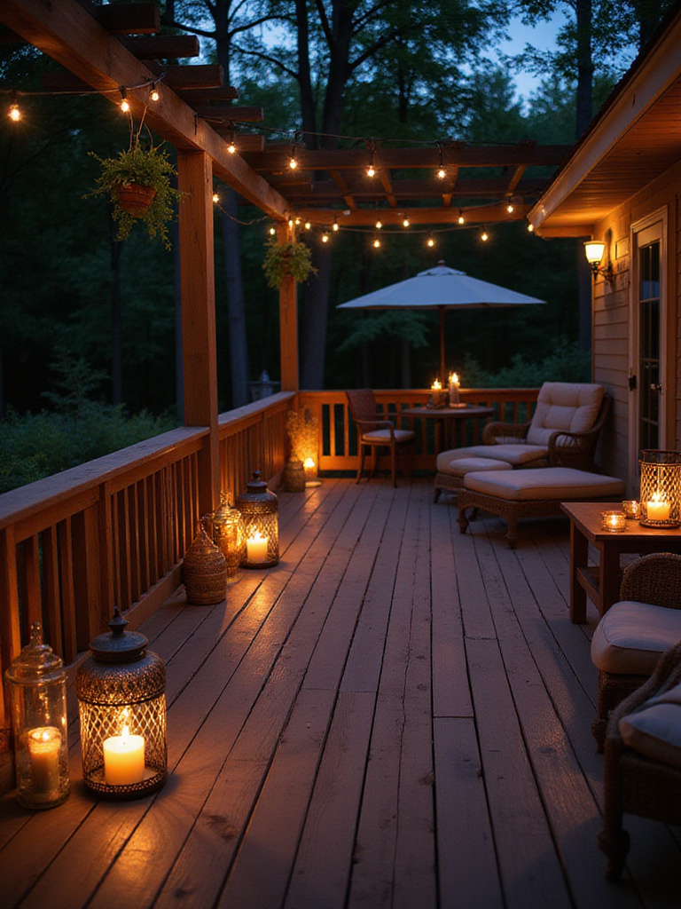 Deck decorated with lanterns and candles at dusk, creating a warm and inviting outdoor space.